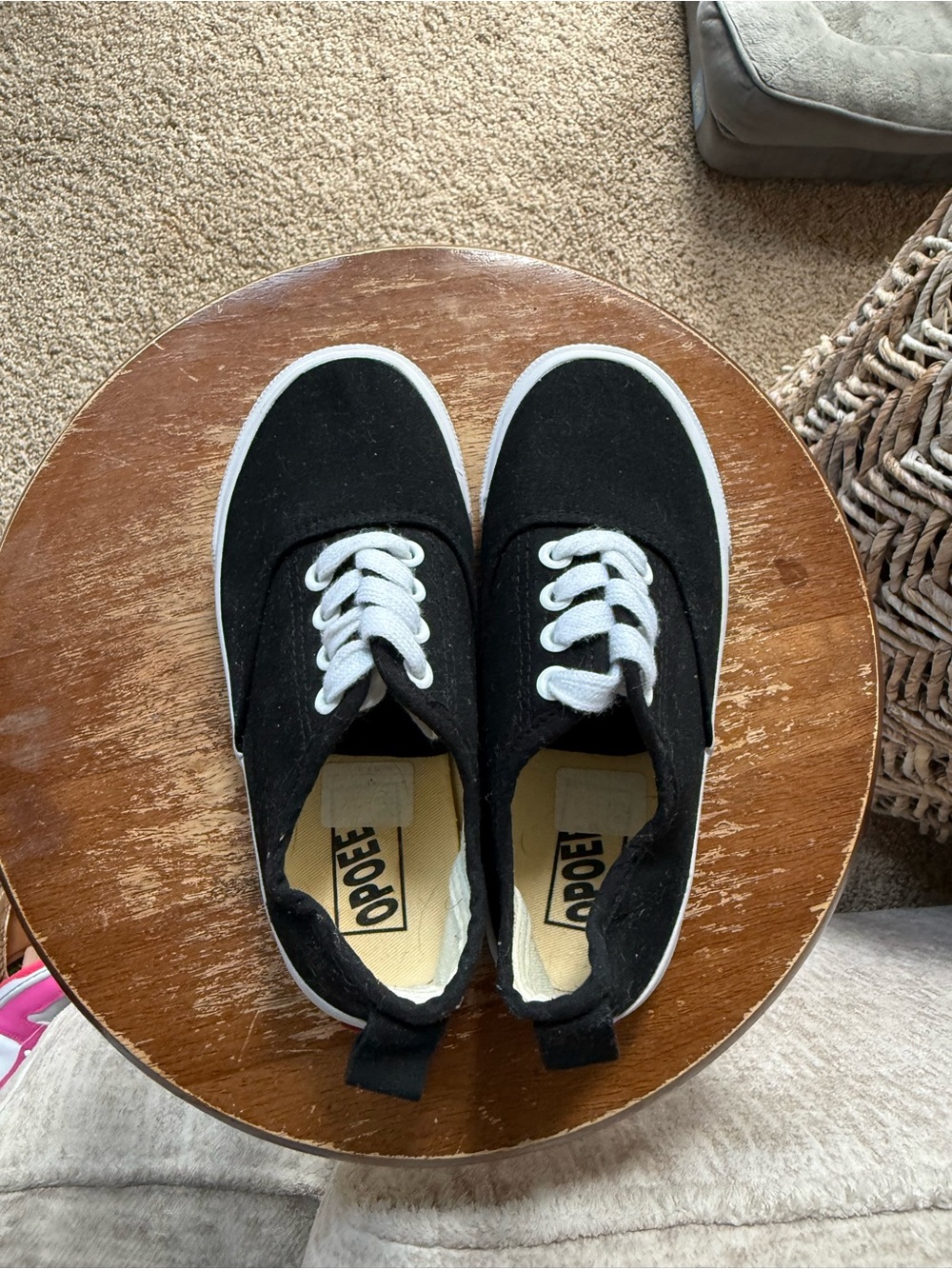 Kids Black Canvas Sneakers with White Trim and Laces